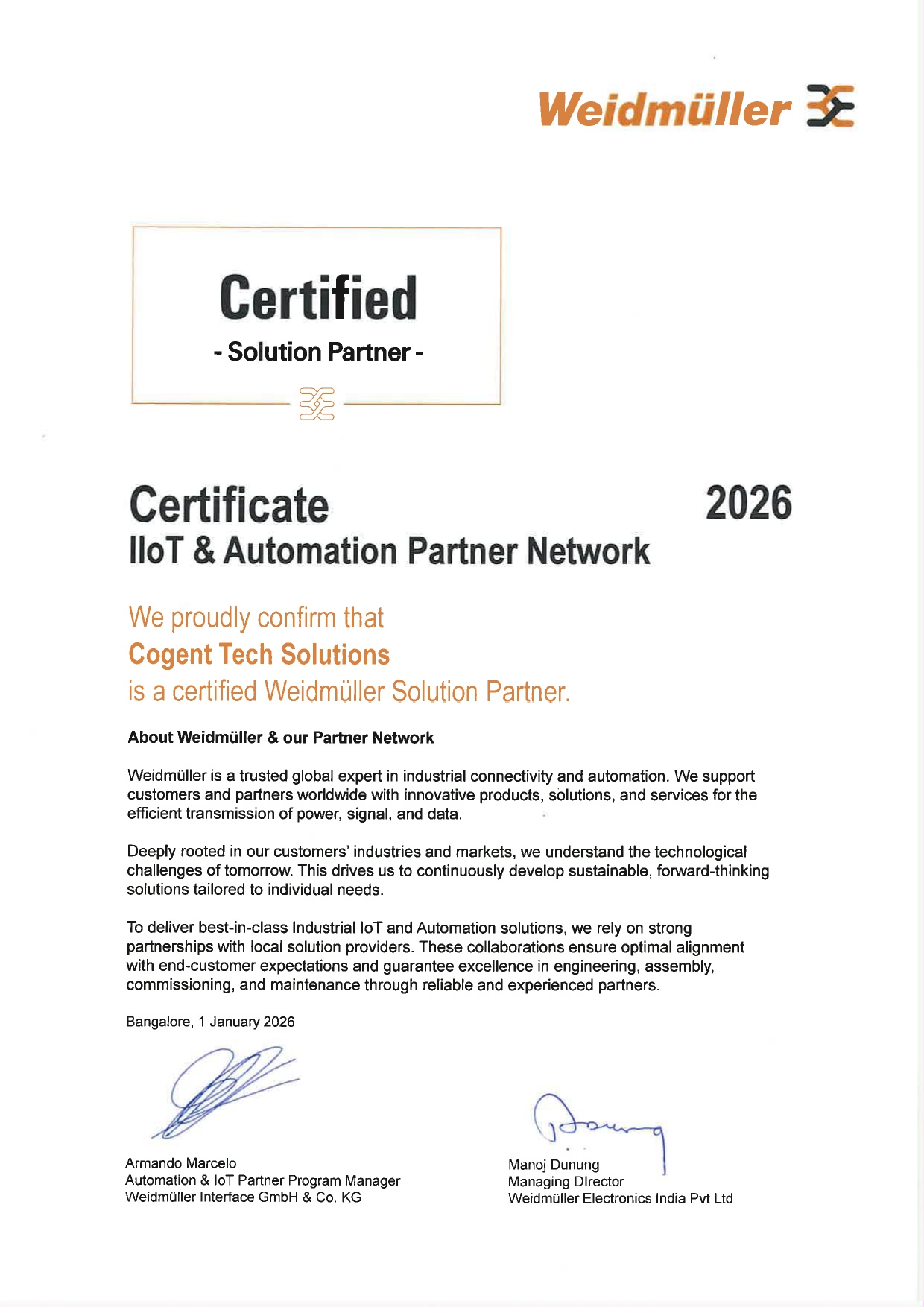 Weidmuller Solution Partner Certificate